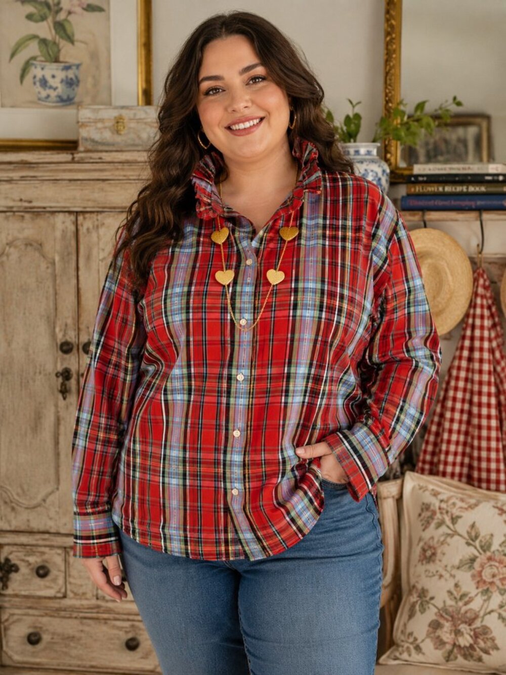 Vintage Reworked Red Plaid Handmade Ruffle Collar Button Up Shirt Womens 1X